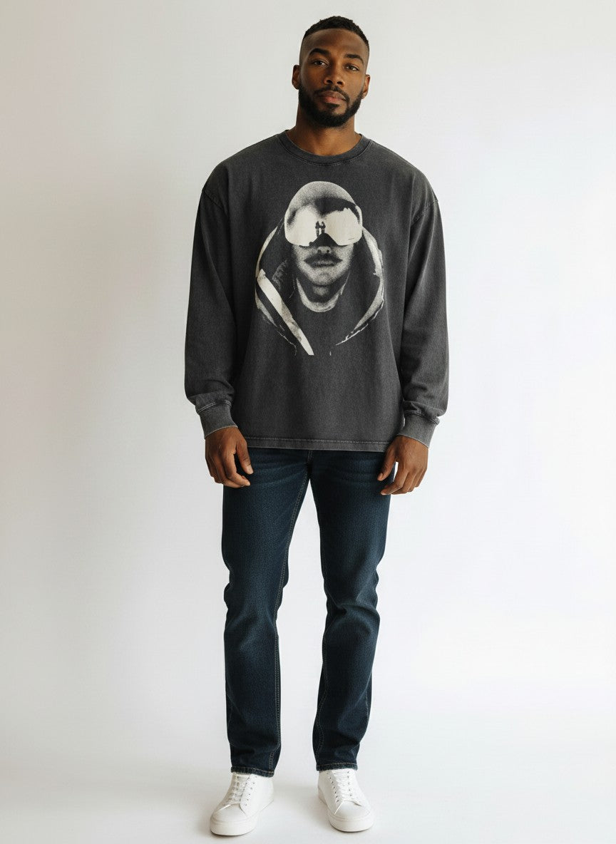 Black vintage wash Remember Nims t-shirt by The Good Blanks featuring a halftone graphic of a mountaineer with goggles
