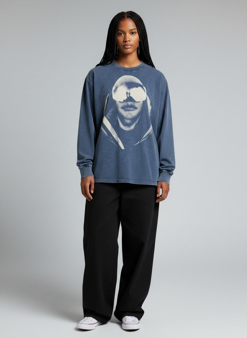 Royal blue vintage wash Remember Nims t-shirt by The Good Blanks featuring a halftone graphic of a mountaineer with goggles