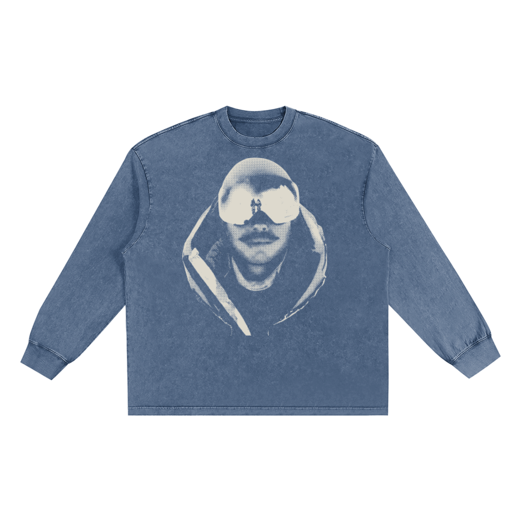 Royal blue vintage wash Remember Nims t-shirt by The Good Blanks featuring a halftone graphic of a mountaineer with goggles
